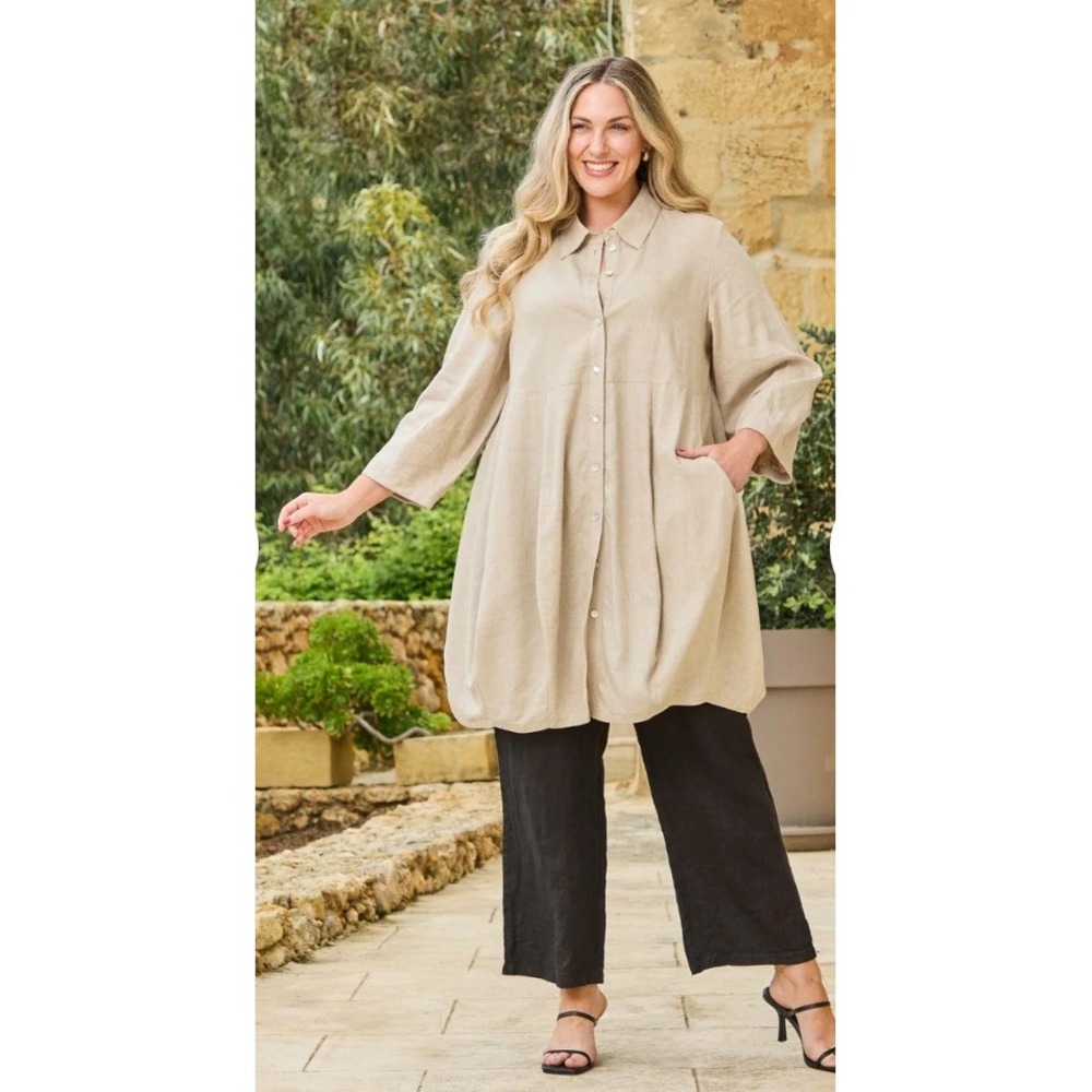 NOEN Linen Blend Bubble Hem Tunic Shirt Dress Wmns 6 Beige‎ Lagenlook Minimalist
